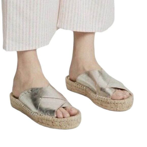 Free People Silver Metallic Tuscan Platform Espadrille Leather Slip On Sandals 6 - Picture 1 of 9